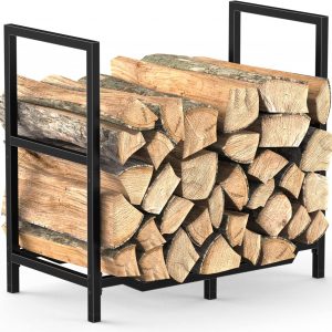 Mutool Metal Firewood Rack, 65x33x60cm Firewood Log Holder for fireplace, Fireplace Wood Storage Shelf indoor/Outdoor, Black