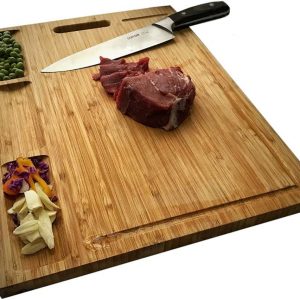 NIUXX Bamboo Cutting Board for Kitchen, Reversible Chopping Board with 3 Built-in Compartments and Juice Grooves, Large Chopping Tray 43 x 32 x 2 cm, Meats Vegetable Bread Fruits Board