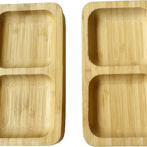 Natural Bamboo Wooden Small Serving Platters Dual Square Snack Tray Set (Set of 2) – Sauce Dishes Set – Party Food Platter Plates for Nibbles Tapas Cheese Sushi Dips Sauce Bowl Side Plates