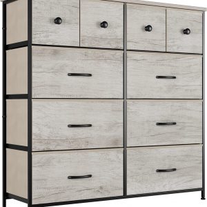 Nicehill Dresser for Bedroom with 10 Drawers, Storage Drawer Organizer, Tall Chest of Drawers for Closet, Clothes, Kids, Baby, Living Room, Wood Board, Fabric Drawers (Light Wood Grain), XL