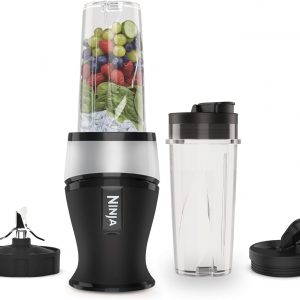 Ninja 700W Slim Blender & Smoothie Maker, 2x 470ml Cups with Spout Lids, Personal Blender, Crush Ice & Frozen Fruit, Silver/Black QB3001UKS