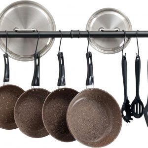 OROPY Wall Mount Pot Pan Bar Rack, 97cm Metal Industrial Style Hanging Rail Kitchen Utensils Hanger Organiser with 14 Hooks, Black