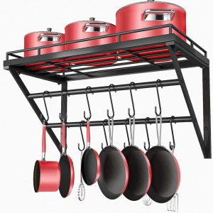 OROPY Wall Mount Pot Pan Racks, Saucepan Hanging Rack, Kitchen Utensils Hanging Shelf with 2 Rails, 12 Hooks, 60cm