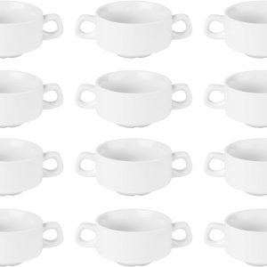 Olympia Athena Hotelware Stacking White Handled Soup Bowls 290ml / 10 1/4 ounce, Pack of 12, Diameter: 107mm / 4 1/4 inch, Chip Resistant Porcelain, Catering and Restaurant Grade | CF369