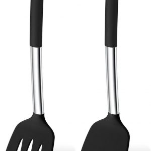 Onader Silicone Spatula Pack of 2, Non-Stick Kitchen Slotted Solid Turners with Stainless Steel Handle, Ideal for Fish, Egg, Pancake, Heat Resistant & Dishwasher Safe, Black