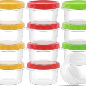 PALUDO 12 Pack 8 oz Reusable Plastic Food Container with Lids, Deli Containers Stackable Food Storage Jars, Dishwasher & Microwave & Freezer Safe (Red/Green/Yellow)