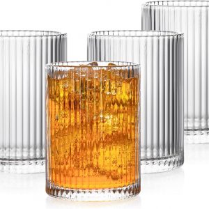 POLIDREAM Drinking Glasses with Origami Style Set of 4 Glass Cups, 9oz Ribbed Glassware, Art Deco Drinking Glass, Elegant Ripple Vintage Glassware, Ideal for Cocktail, Whiskey, Soda, Juice