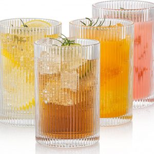 POLIDREAM Vintage Ribbed Glassware Set: 4pcs 16.9oz XL Drinking Glasses, Fluted Ripple Drinkware, Origami Style, Elegant Glassware for Whiskey, Cocktail, Iced Coffee, Juice, Beer, Soda