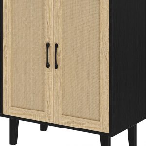 Panana Buffet Cabinet Sideboard with Rattan Decorated Doors Kitchen Storage Cupboard Accent Cabinet (Black)