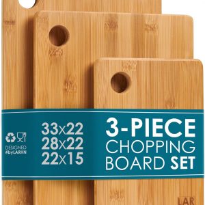 Premium Extra-Thick Wooden Chopping Boards – 3 Piece Bamboo Chopping Board Set – 33x22cm / 28x22cm / 22x15cm – Ideal for Carving Meat, Cutting Vegetables, Cheeses and Bread – by LARHN
