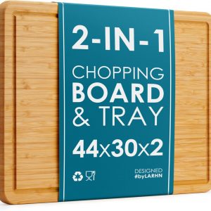 Premium Organic 2-in-1 Extra-Large Wooden Chopping Board & Serving Tray – 44x30x2cm – Multi-Purpose Bamboo Cutting Board with Juice Groove for Carving Meat, Vegetables, Cheese and Bread – by LARHN