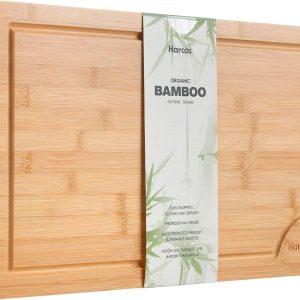 Premium Organic Bamboo Wooden Chopping Board by Harcas. Extra Large Size Cutting Board 45cm x 30cm x 2cm. Best for Meat, Vegetables, Tapas and Cheese. Professional Grade for Durability. Drip Groove
