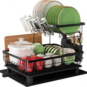 Qienrrae Dish Drainer, 2 Tier Stainless Steel Dish Drying Rack with Drip Tray, Sink Plate Drainer Rack with Utensils Holder, Kitchen Draining Board Rack with Drying Mat, Black
