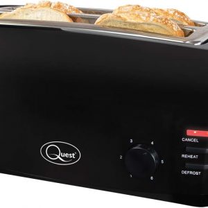Quest 4 Slice Toaster Black – Extra Wide Long Slots for Crumpets and Bagels – 6 Settings – Reheat and Defrost
