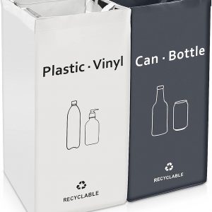 Recycling Bags White,Gray with handle Separate Sorting Organizer Woven waste Bins bag 2 Packs 28 Gallon Waterproof for Kitchen Home Office Heavy Duty Reusable Storage,Easy clean,Bomei Pack