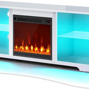 Rolanstar Fireplace TV Stand with Led Lights and Power Outlets, TV Stand for 45/50/55/60/65 inch TVs, Entertainment Center with Electric Fireplace, Modern TV Console with Glass Shelves, Glossy White