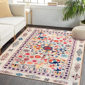 Rug-QJDDUP Area Rugs 140 x 200 cm Living Room Bedroom, Orange Yellow Red Turquoise Blue Cyan Emerald Green Pink Cream Antique White Multicolor Floral, Low Pile