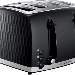 Russell Hobbs Honeycomb 4 Slice Toaster (Independent & Extra wide slots with high lift, 6 Browning levels, Frozen/Cancel/Reheat function, Removable crumb tray, 1500W, Black textured high gloss) 26071