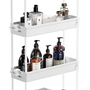 SOLEJAZZ 4-Tier Storage Trolley Cart Slide-out Slim Rolling Utility Cart Mobile Storage Shelving Organizer for Kitchen, Bathroom, Laundry Room, Bedroom, Narrow Places, Plastic, White