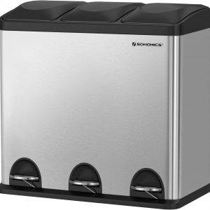 SONGMICS 54L Recycling Bin, Rubbish Bin, Steel Pedal Bin with 3 Sections, Inner Buckets, 6 Sorting Labels, for Easy Waste Separation, Silver and Black LTB54L