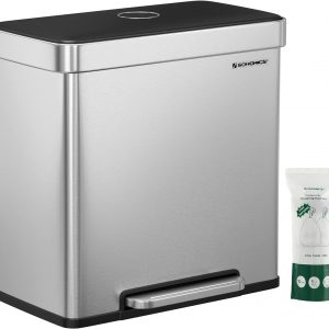 SONGMICS Kitchen Bin, 2 x 30L Stainless Steel Pedal Rubbish Bin with 15 Trash Bags, Recycling and Waste, with Plastic Inner Buckets, Lid, Soft Closure, 58 x 31.5 x 59 cm, Silver LTB202E01