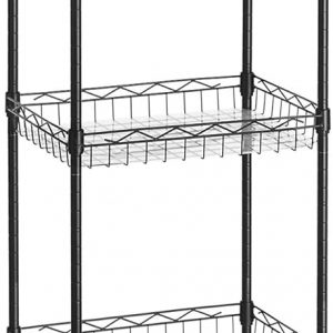 SONGMICS Metal Storage Shelf, Wire Basket Shelving Unit, Kitchen Storage Rack, 4 Hooks, PP Sheets, Adjustable Shelves, Total Load Capacity 100 kg, for Bathroom, Pantry, Small Spaces, Black LGR105B01