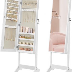 SONGMICS Mirror Jewellery Cabinet Armoire, Standing Full-Length Mirror, Lockable Jewellery Organiser, Gift Idea, White Surface and Beige Lining JJC069W02