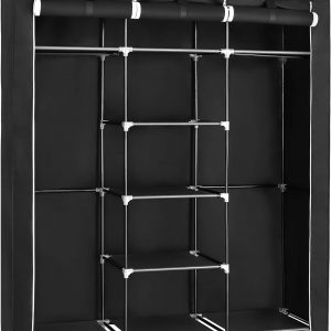 SONGMICS RYG12B Folding Wardrobe, Fabric Cabinet, Foldable Coat Rack with 2 Clothes Rails, 175 x 150 x 45 cm, Black, Canvas