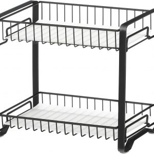 SONGMICS Spice Rack, 2 Tier Metal Kitchen Storage Rack, Spice Rack with Plastic Boards, Non-Slip Feet for Kitchen, Bathroom, Black KCS013B01