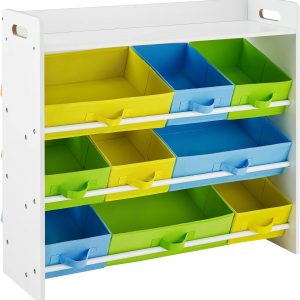 SONGMICS Toy Organiser with 9 Removable Non-Woven Fabric Bins, Kid’s Storage Unit and Bookshelf for Nursery Playroom, Wooden Frame with Shelf, White GKR31WT