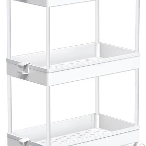 SPACEKEEPER Storage Trolley 3-Tier Slide Out Rolling Utility Cart Shelf Rack on Wheels Multi-purpose Shelving Organizer for Office, Kitchen, Bedroom, Bathroom, Laundry Room & Dressers, White