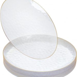 STACKABLES 20 Pcs Clear Round Plates ~ 6″ Hammered Plate with Gold Rim ~ Lightweight Reusable Dinnerware Plates for Receptions Weddings Parties Banquets Events & Table Decoration