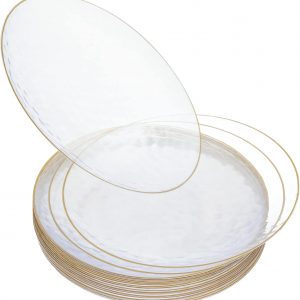 STACKABLES ~ Pack of 20 Party Plates ~ 7″ Hammered Round Clear Plate with Gold Rim ~ Lightweight Elegant Reusable Dinnerware Plates Set ~ Multi Use Salad Bread & Butter Dishes