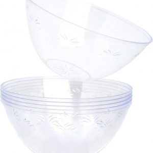 STACKABLES ~ Pack of 5 Plastic Large Serving Bowls 98oz | Salad Bowl | Party Bowls Set ~ 9.5″ Clear Reusable Bowl