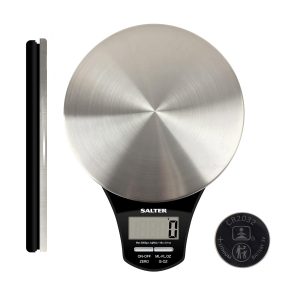 Salter 1035 SSBKDR Digital Kitchen Scale – Food Scales, Kitchen Weighing Scales, 5kg Capacity, Stainless Steel Platform, Measure Liquids, Add & Weigh , Tare/Zero Function, 1 x CR2032 Battery Included