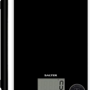 Salter 1170 BKDR Electronic Kitchen Scale – 5kg Capacity Digital Weighing Scale, Slim Design, Easy Clean Glass Platform, Add & Weigh, Measure Liquids, Easy Read LCD Display, Battery Included, Black