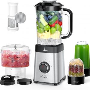 Sangcon Blenders for Kitchen and Food Processor Combo, 5 in 1 Jug Blender for Shakes and Smoothies,3 Speed Control with Pulse 500W for Ice, Fruit, Meat,Vegetable