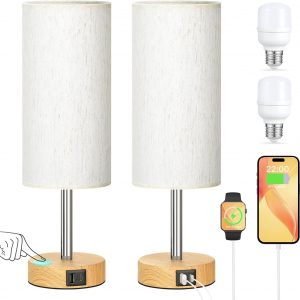 Seealle Bedside Lamps Set of 2, 3-Way Dimmable Touch Lamps Bedside with USB-C+A Charging Ports, Bedroom Lamp with Flaxen Fabric Shade, Small Table Lamp for Bedroom Living Room (LED Bulbs Included)