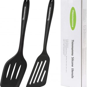 Silicone Spatula, 2 Pack Heat Resistant Slotted Spatula Set Kitchen Turner BPA Free, Non Stick Flexible Large Black Silicone Spatula for Cooking Flipping Pressing Fish Eggs Pancakes