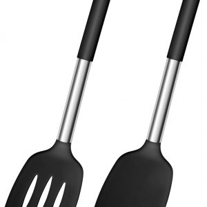 Silicone Spatula, Joyfair Stainless Steel Spatula Pack of 2, Cooking Turner/Non Stick Kitchen Slotted Spatula Ideal for Fish, Eggs, Pancakes, Heat Resistant & Dishwasher Safe, Black