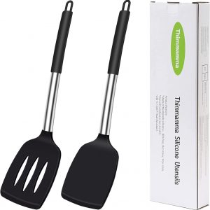 Silicone Spatula Turner, Heat Resistant Slotted Spatula Solid Turner for Cooking, BPA Free Large Black Silicone Spatula Kitchen Utensils for Baking Non Stick Cookware, Dishwasher Safe, 2 Pack
