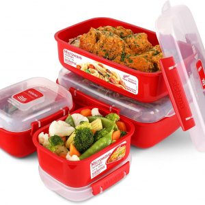 Sistema Heat and Eat Microwave Set | 4 Rectangular Food Containers with Lids (2x 1.25L + 2x 525ml) | Locking Clips & Steam Release Vents | BPA-Free| Recyclable with TerraCycle®, Red