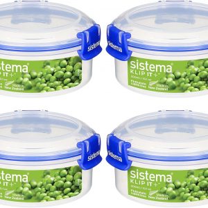 Sistema KLIP IT PLUS Round Food Storage Containers | 300 ml Leak-Proof, Stackable & Airtight Fridge/Freezer Containers with Lid | BPA-Free | Recyclable with TerraCycle® | 4 Count, Blue