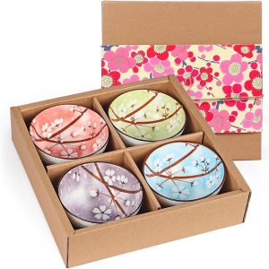 Skelang Ceramic Serving Bowls, Rice Bowl with Gift Box, Japanese Style Pottery Bowls, Porcelain Serving Bowls for Rice, Soup, Dessert, 10oz/300ml, Set of 4 (Cherry Blossom Pattern)