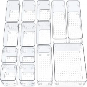 Smaziul 14 Pcs Clear Drawer Organiser with 4 sizes Desk Organizer ideal for organizing, cosmetics, makeup, jewelry, office supplies, bathroom accessories & much more