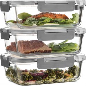 Superior Glass Food Storage Containers (Set of 3) Airtight BPA-Free Hinged Locking Lids – 100% Leakproof Glass Meal Prep Food Containers with Lids – Freezer to Oven Safe Takeaway Lunch Boxes – 1040ml