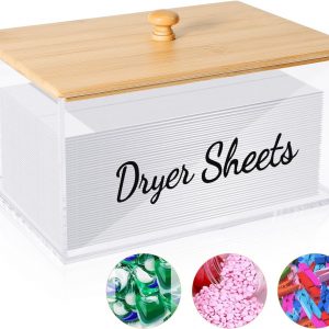 TCJJ Acrylic Dryer Sheet Container With Bamboo Lid, Dryer Sheet Holder for Laundry Room Organisation, Laundry Storage Containers With Label, for Laundry Pods/Dryer Balls/Clothes Pins