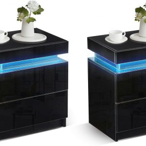 TUKAILAi Set of 2 Black Bedside Table with 2 Drawers Modern Bedside Cabinet Nightstand with LED Lights for Bedroom Living Room Furniture