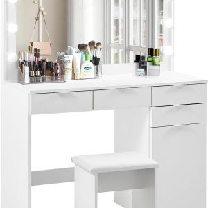 TUKAILAi White Dressing Table Set with Hollywood LED Lights Mirror, Cushioned Stool and 4 Storage Drawers, Vanity Set Makeup Table 4 Drawers for Bedroom Girls Women