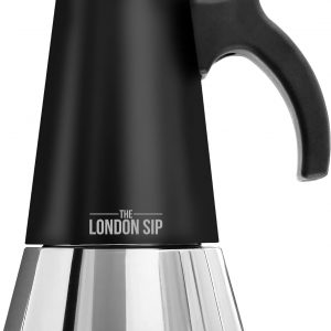 The London Sip Moka Pot, Stovetop Coffee Maker, Italian Style Espresso Maker, Stainless Steel, Induction Compatible, Modern Chrome, Black, 3 Cup (150 ml)